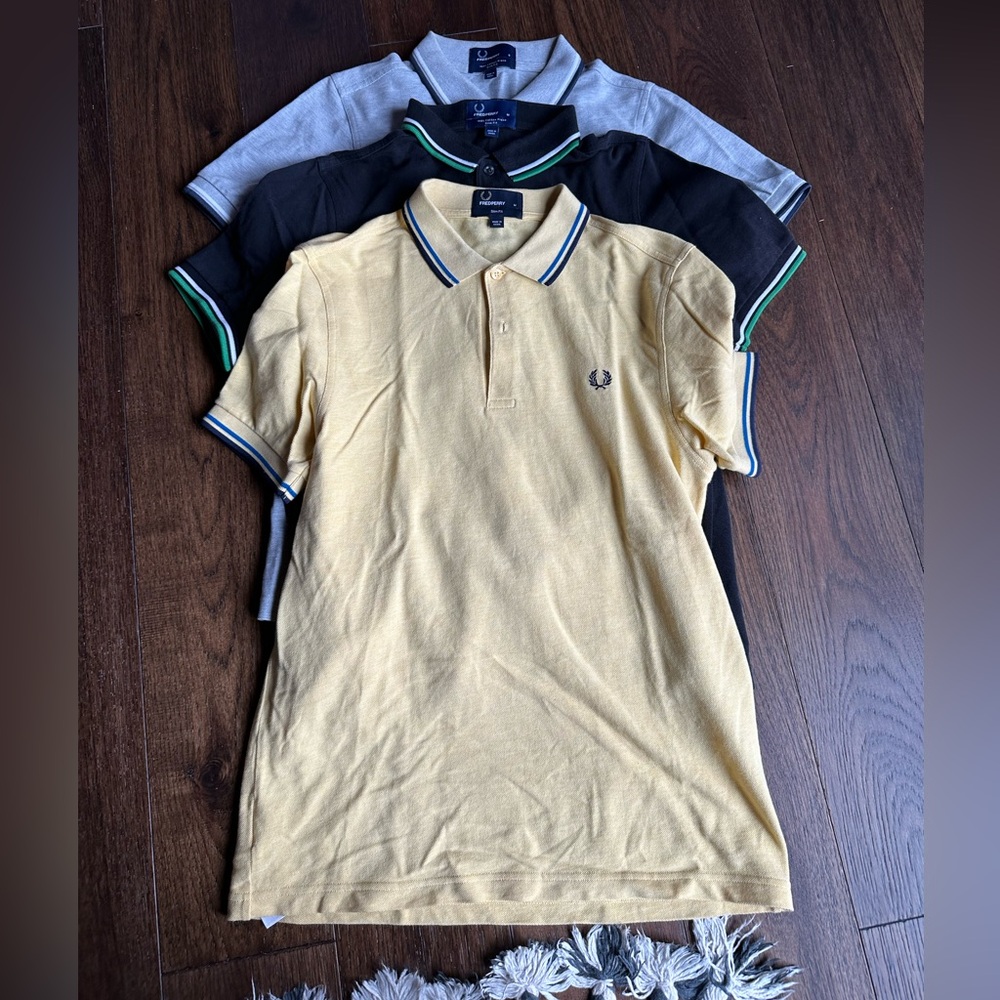 Lot of 3 Fred Perry slim fit pique polo shirts black grey yellow M S